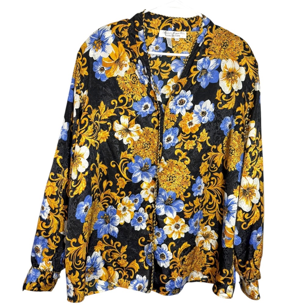 Laura & Jayne Two 20W Black Gold Floral Baroque Button Down Shirt Maximalist